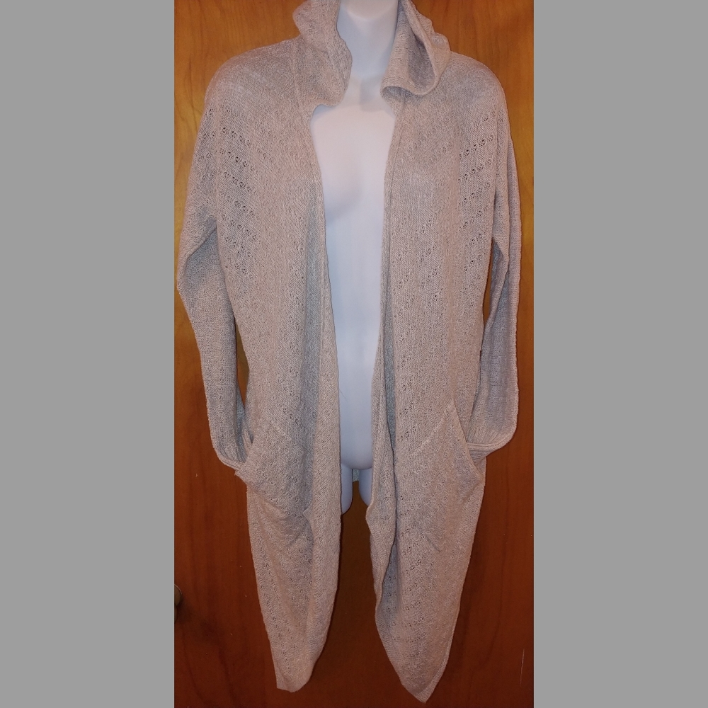AE beige lightweight hi-low cardigan with a hood